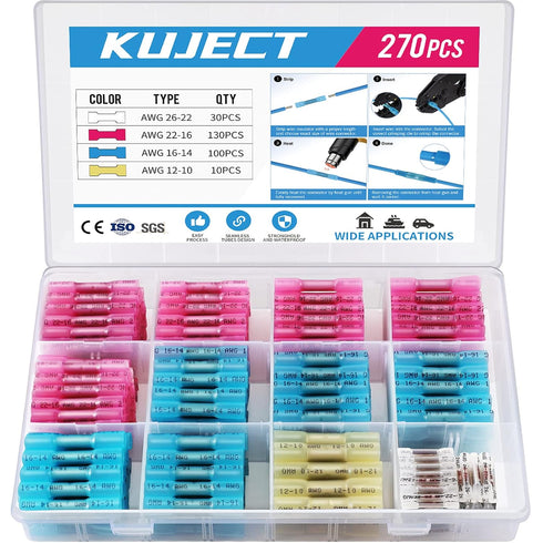 Kuject 270PCS Heat Shrink Butt Connectors, Insulated Waterproof Wire Connector kit, Tinned Copper Electrical Crimp Connectors for Automotive Marin...