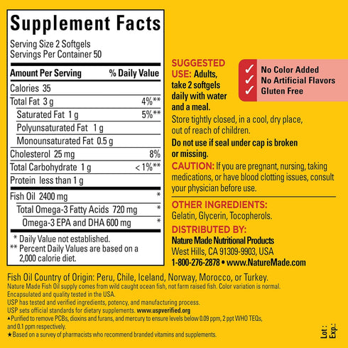 Nature Made Fish Oil 1200 mg Softgels, Fish Oil Supplements, Omega 3 Fish Oil for Healthy Heart Support, Omega 3 Supplement with 100 Softgels, 50 ...