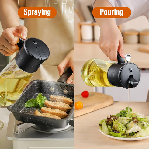 Glass Olive Oil Dispenser Bottle & Oil Sprayer Bottle 2 In 1 for Kitchen Cooking, Auto Flip Cap, 18oz Black...
