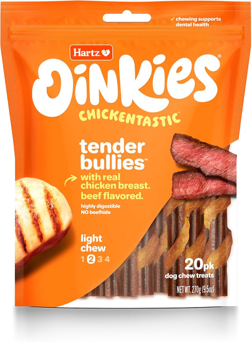 Oinkies Chickentastic Tender Bullies Dog Treats with Real Chicken Breast & Real Beef Bully Stick Flavor, Highly Digestible and Rawhide-Free, 20 Co...