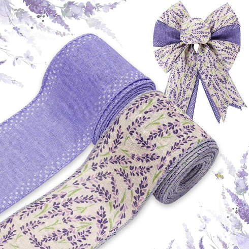 Lavender Wired Edge Ribbon Purple Flower Craft Ribbon Spring Summer Floral Fabric Ribbon for Wreath Bow Making DIY Crafts Wrapping Party Decor Sup...