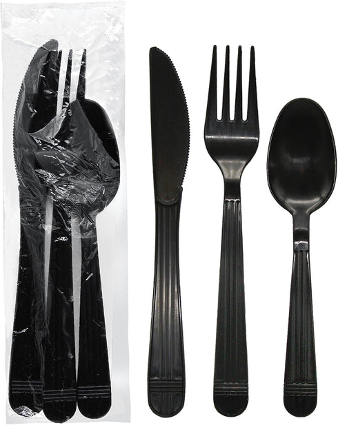 Party Essentials Individually Wrapped Black Plastic Cutlery Packets/Heavy Duty Silverware Kits, Fork/Spoon/Knife, 50 Sets...
