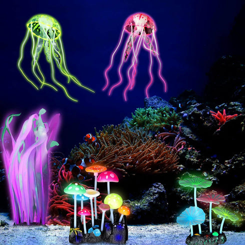 Frienda 8 Pieces Glowing Fish Tank Decorations Plants with 2 Style Glowing Kelp, Sea Anemone, Simulation Coral, Jellyfish, Lotus Leaf, Mushroom fo...