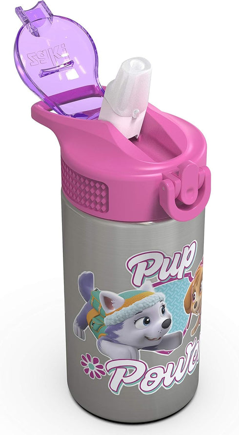 Zak Designs Paw Patrol Skye - Stainless Steel Water Bottle with One Hand Operation Action Lid and Built-in Carrying Loop, Straw Spout is Perfect f...