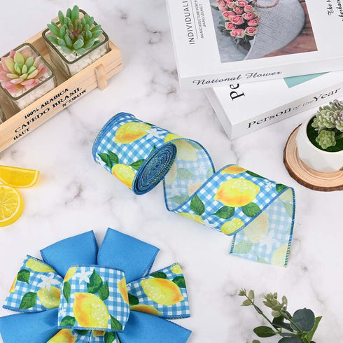 2 Rolls 20 Yards Blue Tile Lemon Wired Edge Ribbon Yellow Summer Fruit Flower Printed Fabric Ribbon for Baby Shower Birthday for Gift Wrapping Wre...