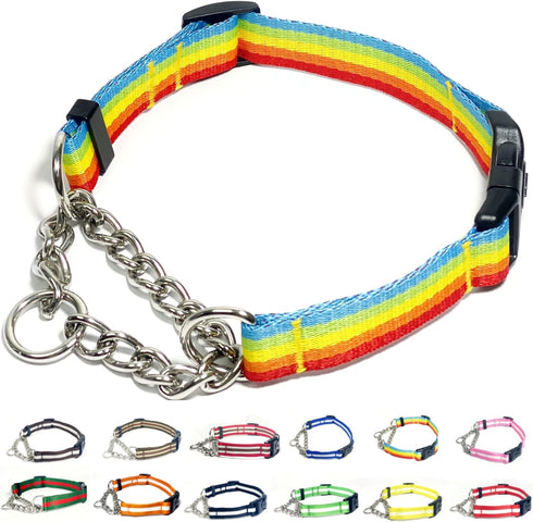 Martingale Collar for Dogs,Adjustable Nylon Collars with Quick Release Buckle,Multicolor Stripe,Stainless Steel Chain NO Pull Training Collars for...