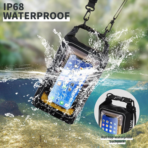 IP68 Waterproof Dry Bag, 2L - Roll Top Waterproof Pool Bag?dry bags for kayaking waterproof-w/Phone Pouch,Large Waterproof Phone Pouch,Boating & K...