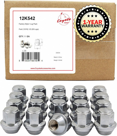 Wheel Accessories Parts 20 Pcs 1/2"-20 Thread OEM Factory Style Replacement Lug Nuts 1.45" Long Chrome 13/16" 21mm Hex Hex Fits 2006-14 Ford Musta...