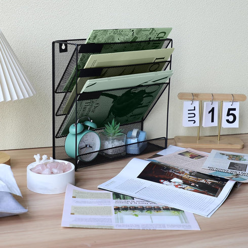 3 Pockets Mesh Wall File Holder Organizer with Bottom Flat Tray, Office Hanging File Folder Magazine Rack, Nametag Label Hooks Set Included, Black...
