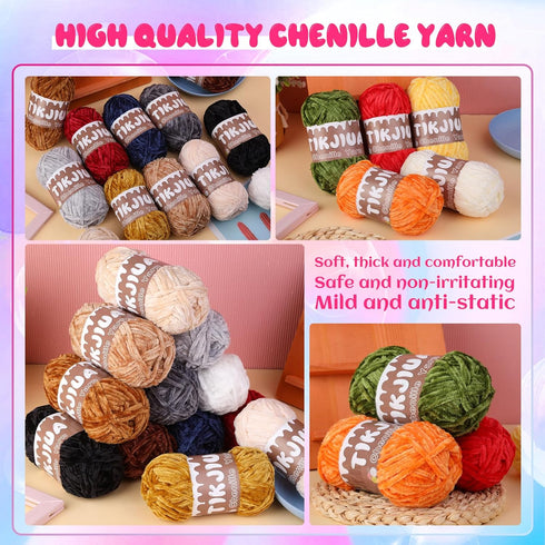 7OZ Red Chenille Yarn for Crocheting, Chunky Chenille Yarn with Crochet Stitching Markers, Chenille Yarn Chunky for Sweater Pillow Blanket Scarf W...