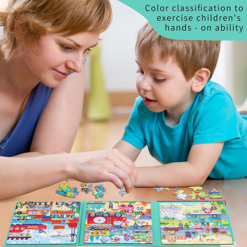 Magnetic Puzzles for Toddlers 3-5 - 3 in 1-97 Pieces Magnet Puzzle Book for Kids Ages 4-8 Travel Puzzles Game Magnetic Jigsaw Puzzle Car Traffic A...