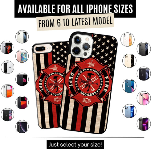 Wood Fireman American Flag Thin Red Line US Firefighter Case - Compatible with iPhone 14 Plus - Durable Non-Slip TPU Rubber Shockproof Slim Case (...