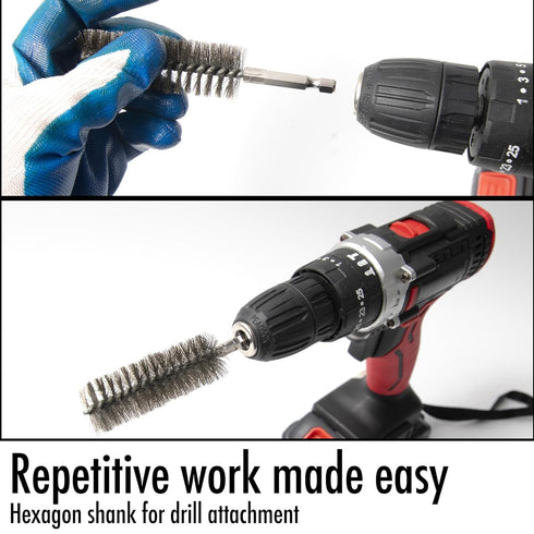 6pcs Extended Copper Tube Pipe Cleaner, 1/2” 3/4” 1” Pipe Cleaning Brush Set, Stainless Steel Wire Bore Brushes for Power Drill, 1/4 Inch Hex Shan...