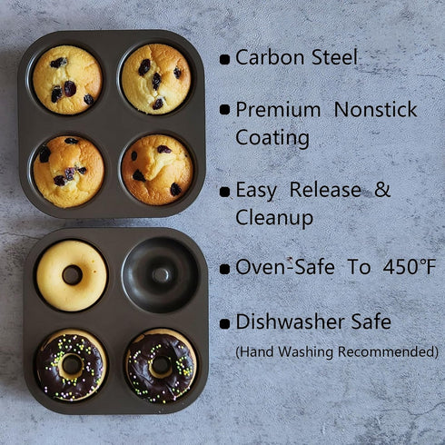 Muffin Pan 4 Cup and Donut Molds Bakeware set of 2,Make Perfect Bagels and Standard Cupcake Pan for Baking,Premium Nonstick Muffin Tin and Donut p...
