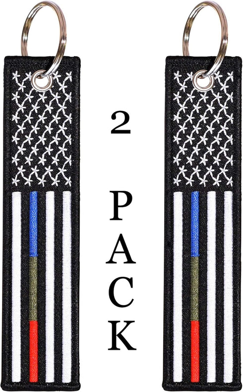 Thin Blue Green Red Line American Flag Keychain Tag with Key Ring & Carabiner 2-Pack - Police, Military, Firefighters...