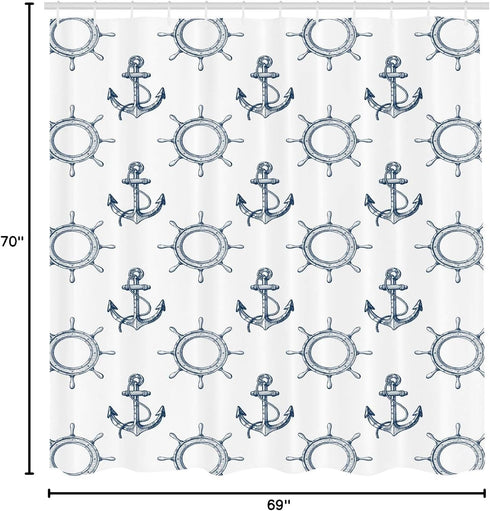 Ambesonne Ships Wheel Shower Curtain, Anchors and Steering Wheels Pattern Pirates Sailors Marine Themed Print, Cloth Fabric Bathroom Decor Set wit...