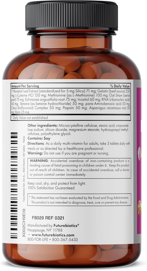 Futurebiotics Hair, Skin & Nails Beauty MultiVitamin with Biotin, Hair Vitamins and Skin Vitamins That Promote Healthy Hair and Nail, 180 Tablets...