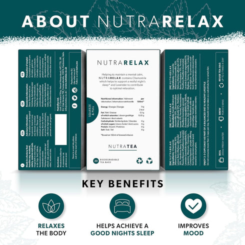 NUTRARELAX - Sleep and Calming Tea – Helps with Relaxation and Sleep – Includes Chamomile, Lemon Balm and Passionflower - 20 Enveloped Tea Bags - ...