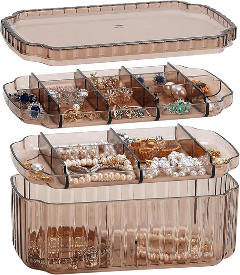 LETURE 3-Layer Jewelry Organizer Box for Earrings, Rings, Necklaces, Bracelets, Clear Plastic Bead Storage Containers for Crafts (Coffee)...