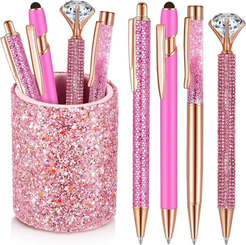Sabary 8 Pcs Ballpoint Pens with Pen Holder for Desk Metal Crystal Diamond Pen Glitter Pencil Holder Fancy Pens Black Ink Bling Desk Organizer for...