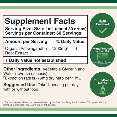Ashwagandha Organic Drops for Stress Relief (1,200mg, 60 Servings) Ashwagandha Tincture for Adrenal Support and Cortisol Manager (Vegan Safe, Glut...