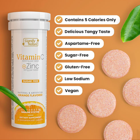 Vitamin C 1000mg Effervescent Tablets - Potent Immune Support VIT C with Zinc Supplement - Sugar-Free & Vegan Formula | Dissolvable Vitamin C Tabl...