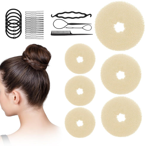 Donut Hair Bun Maker 6 Pieces, Ring Style Hair Bun Donut (1 L, 2 M and 3 S) with Pins 5 Elastic Bands, 20 Hair Bobby and 4 Pony Hair Tools for Wom...