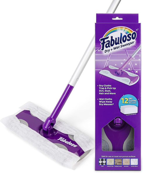 Fabuloso Dry and Wet Sweeper with Bonus 12 Dry Cleaning Pads| Clean Your Floors with Ease | 2-in-1 Sweeping and Light Mopping, Lightweight, Swivel...