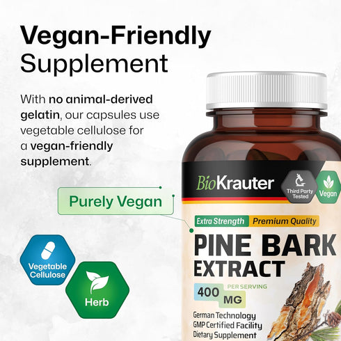 BIO KRAUTER Pine Bark Extract Capsules 400 mg - 100 Count - Antioxidant Supplement - 95% Proanthocyanidins - Pine Bark Supplement - Vegan, No Fill...