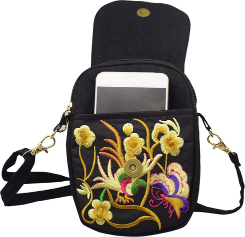 Women's Small Cute Boho Canvas Crossbody Camera Bag Cell Phone Purse with Floral Embroidery...
