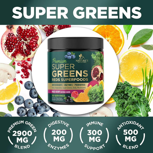 Super Greens Powder Smoothie Mix - Green Whole Food Blend Supports Energy & Gut Health with Spirulina, Chlorella, Mushrooms, Vegetables, Digestive...