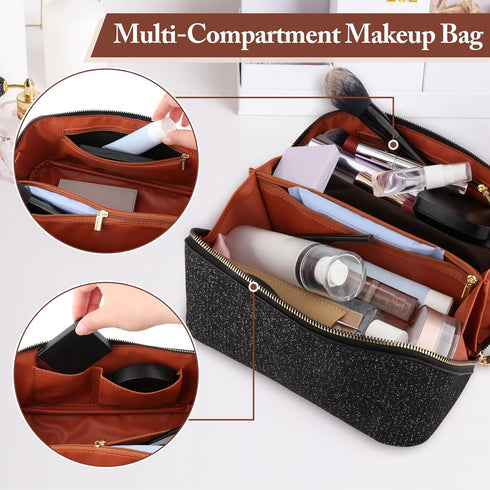 Large Capacity Travel Cosmetic Bag - Lay Flat Makeup Bag with Handle and Compartment Large Opening Sparkly Glitter Cosmetics Organizer for Girl, B...