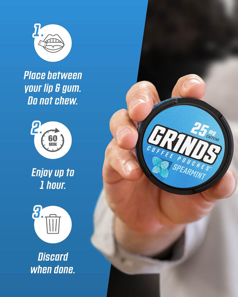 Grinds Coffee Pouches | Tobacco Free, Nicotine Free Healthy Alternative | 3 Cans of Spearmint | 18 Pouches Per Can | 1 Pouch eq. 1/4 Cup of Coffee...