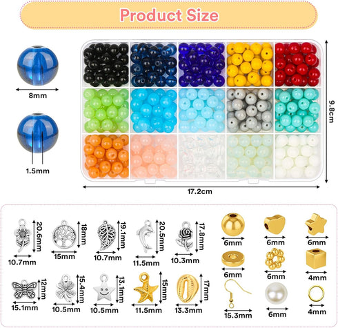 8mm Glass Beads for Jewelry Making, 15 Colors Crystal Round Gemstone Stone Beads, 375 Pcs DIY Craft Bead Bracelet Making Kit with 12 Styles Access...