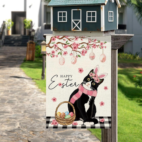Happy Easter Cat Garden Flag Eggs Tuxedo Cat Floral Garden Flag 12×18 Inch Double Sided Buffalo Plaid Farmhouse Yard Flag Spring Holiday Outdoor D...