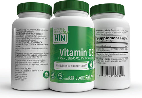 Health Thru Nutrition Vitamin D3 10,000iu 360 Mini Softgels for Maximum Benefit Year Supply | 250mcg Cholecalciferol | 3rd Party Tested | Non-GMO ...