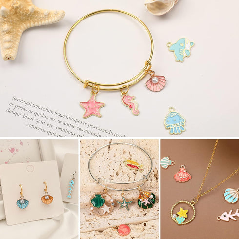 MARFOREVER 120 Pcs Ocean Themed Sea Charms for Jewelry Making, Assorted Gold Enamel Starfish Seashell Marine Pendants for Necklace Earring Bracele...