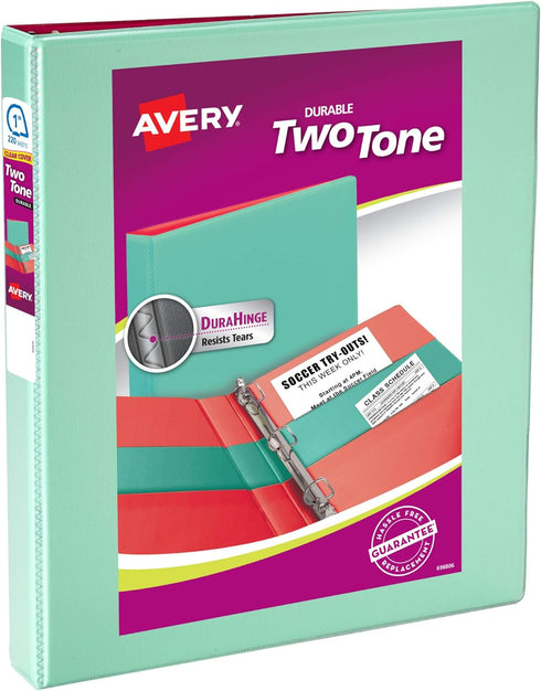 Avery Two-Tone Durable View 3 Ring Binder, 1 Inch Slant Rings, Mint/Coral Binder (17288)...