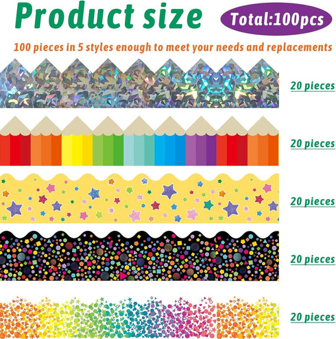 100 Ft Bulletin Board Borders, 100 Sheets Border Trim, Adhesive Decoration Bulletin Board Border for School/Classroom/Office(5 Designs)...