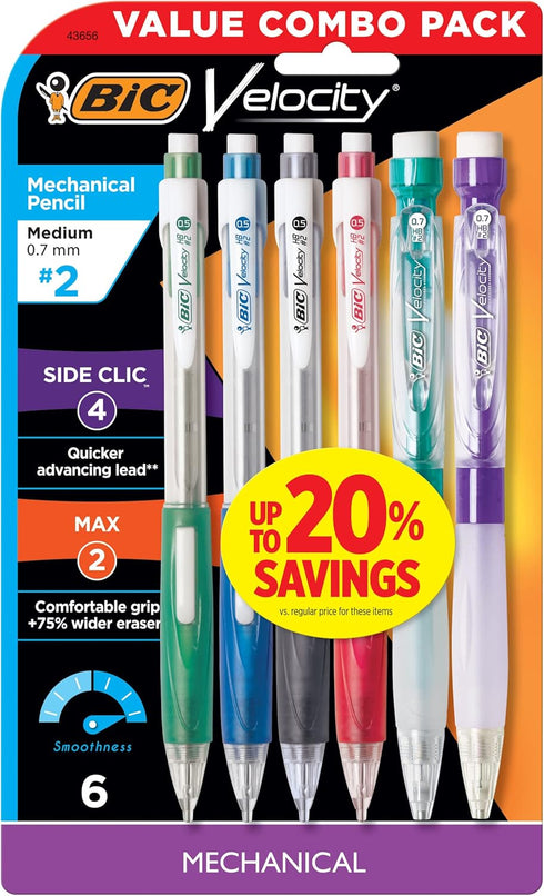 BIC Velocity Mechanical Pencils, With Colorful Barrel, Medium Point (0.7mm), 6-Count Pack Mechanical Pencils With Eraser and Lead Refills...