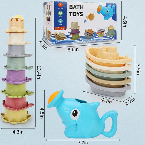 Baby Bath Toys for Toddlers 1-3, 14 Pcs Bathtub Toys for for Kids Age 2-4,Mold Free Bath Boat with Stacking Cup & Watering Can , Water Table Toys ...