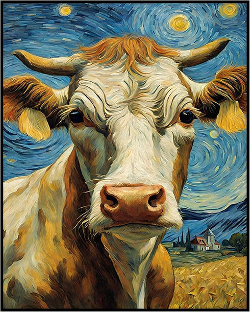 Posterizer 1 pcs- beautiful cow with starry night inspired background-Art for Animal Lovers-Gift for Art Lovers-Living Room Bedroom Decor- unframe...