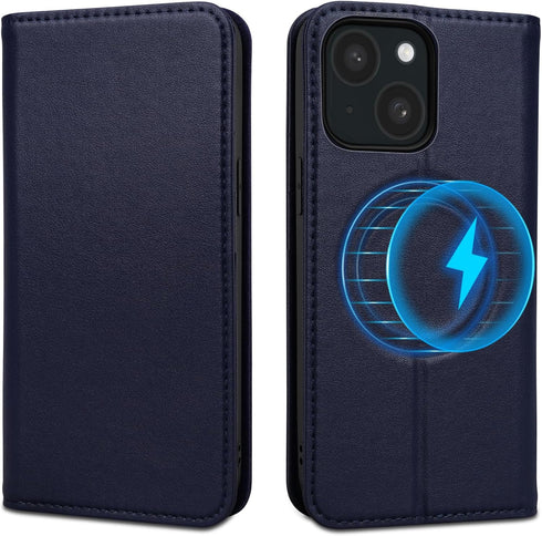 Wallet Case for iPhone 15 Plus 6.7",Genuine Leather Flip Folio Book Case Compatible with Magsafe,RFID Blocking Magnetic Card Slot Kickstand Phone ...