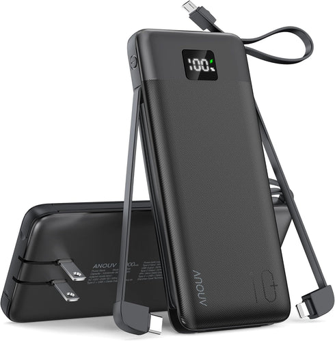 Portable Charger with Built-in Cables&AC Wall Plug,10000mAh Power Bank,PD 22.5W USB-C Fast Charging External Battery Pack with LED Display Compati...