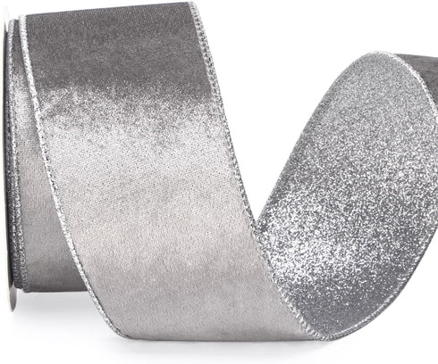 Ribbli Silver Velvet Wired Ribbon 2.5 Inch Silver Velvet with Silver Glitter Christmas Ribbon for Christmas Tree Decoration Big Bow Gift Wrapping ...