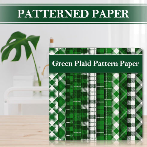 Whaline 24 Sheets St. Patrick's Day Green Plaid Pattern Paper Scrapbook Specialty Paper Double Sided Decorative Craft Paper For DIY Card Making Ph...