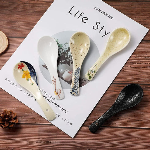 6 Pieces Japanese Retro Ceramics Soup Spoons Japanese Style Rice Spoon Flatware Asian Chinese Serving Spoons Appetizers Tableware Meal Partner for...