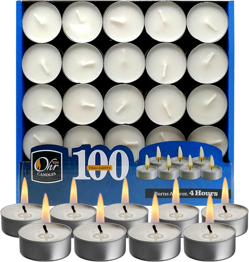 OHR CANDLES Tealight Candles - 100 Pack Bulk Tea Lights Candles - White Tealights Unscented - 4 Hour Burn Time...