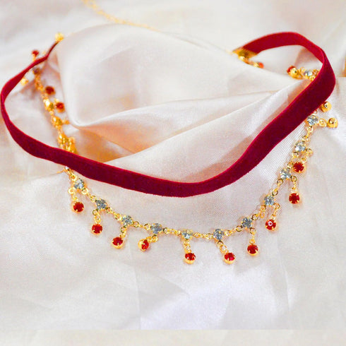 14K Gold Plated Ruby Red Layered Velvet Choker Necklace for Women Double Chain Indian Chokers Necklaces Goth Vampire Chocker Boho Chokers Statemen...