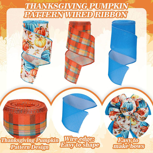 3 Roll Fall Wired Edge Ribbon 30 Yards 2.5 Inch Blue Orange Autumn Thanksgiving Pumpkin Buffalo Plaids Ribbon for Bow Wreath Craft Gift Wrap Farmh...
